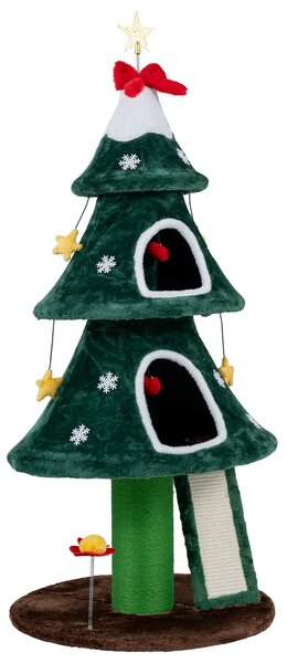 Costway 137cm albero tiragraffi per gatti a tema natalizio, Torre per gatti in peluche con 2 cucce tavola graffio e tiragraffi in sisal con giochi interattivi