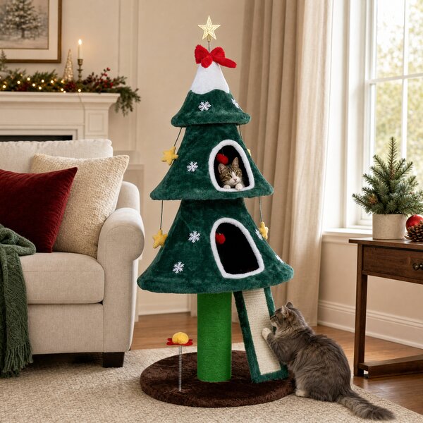 Costway 137cm albero tiragraffi per gatti a tema natalizio, Torre per gatti in peluche con 2 cucce tavola graffio e tiragraffi in sisal con giochi interattivi