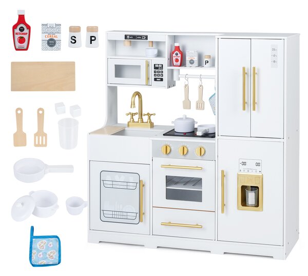 Costway Cucina giocattolo con luci e suoni per bambini 3+ anni gioco interattivo in legno, Cucinetta montessori con accessori Bianco