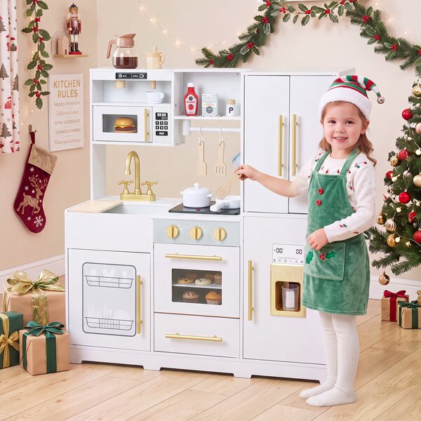 Costway Cucina giocattolo con luci e suoni per bambini 3+ anni gioco interattivo in legno, Cucinetta montessori con accessori Bianco