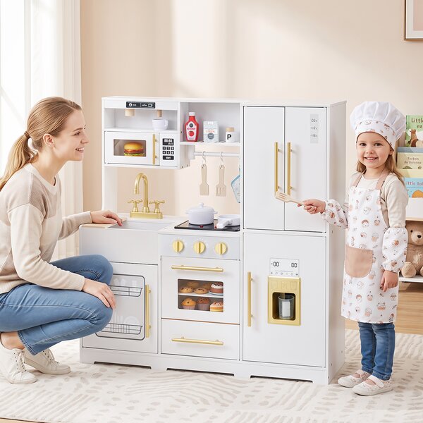 Costway Cucina giocattolo con luci e suoni per bambini 3+ anni gioco interattivo in legno, Cucinetta montessori con accessori Bianco