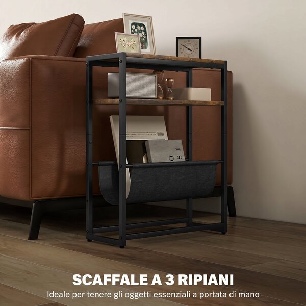 HOMCOM Tavolino Stretto, Tavolino Industriale con 3 Ripiani, Porta Riviste a Forma di V, Comodino per Soggiorno, Piccoli Spazi, Marrone Rustico | Aosom Italy