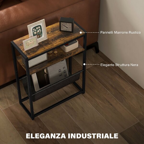 HOMCOM Tavolino Stretto, Tavolino Industriale con 3 Ripiani, Porta Riviste a Forma di V, Comodino per Soggiorno, Piccoli Spazi, Marrone Rustico | Aosom Italy