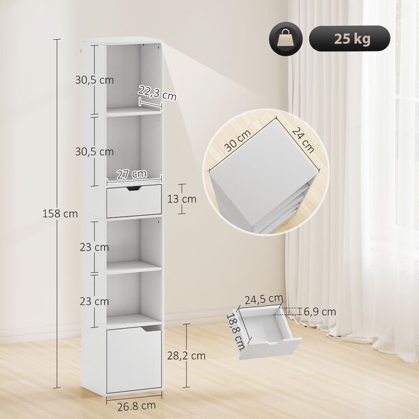 HOMCOM Scaffale Libreria a 4 Ripiani Aperti con Armadietto e Cassetto, 30x24x158 cm, in Legno Bianco | Aosom Italy
