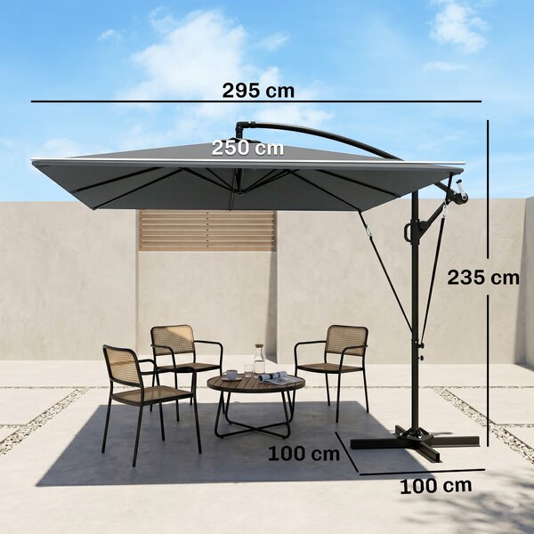 Outsunny Ombrellone da Giardino a Sbalzo 3x2.5 m con Manovella, Inclinabile e Girevole con Copertura, Grigio