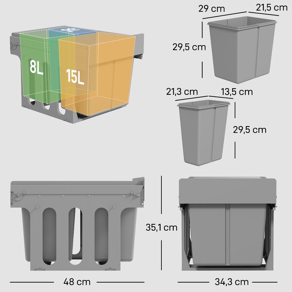 HOMCOM Pattumiera Estraibile Sottolavello da 31L con 3 Secchi Rimovibili e Piano Superiore, Grigio Chiaro | Aosom Italy
