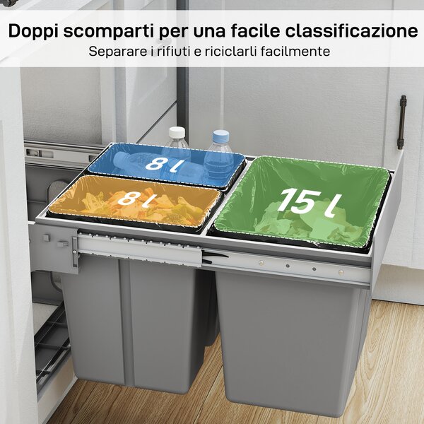 HOMCOM Pattumiera Estraibile Sottolavello da 31L con 3 Secchi Rimovibili e Piano Superiore, Grigio Chiaro | Aosom Italy