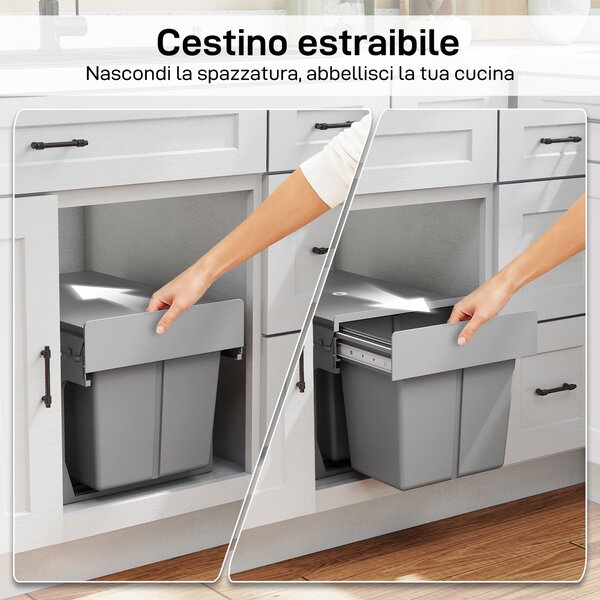 HOMCOM Pattumiera Estraibile Sottolavello da 31L con 3 Secchi Rimovibili e Piano Superiore, Grigio Chiaro | Aosom Italy
