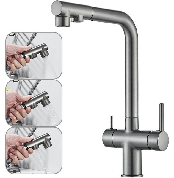 Miscelatore da cucina con filtro dell'acqua - Miscelatore per lavello 3-in-1 - Doccetta estraibile - Rotazione a 360° - 2 maniglie - Grigio gunmetal