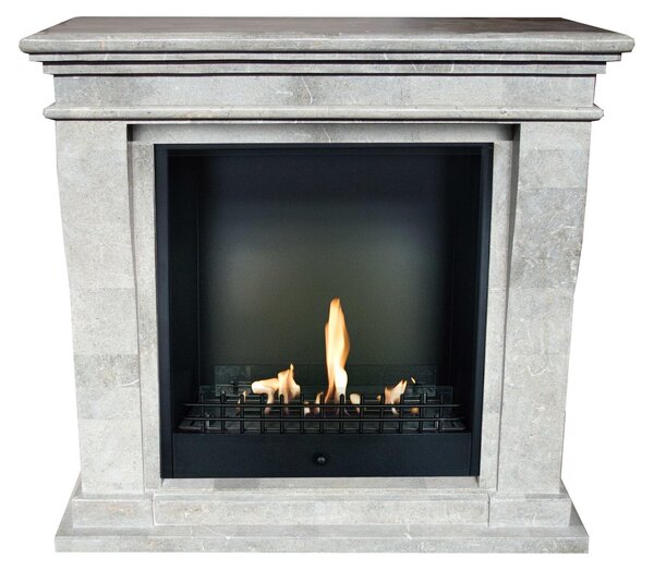 Caminetto a etanolo Xaralyn - Kreta-Mini BCL-SGP - pietra naturale grigia lucida - potenza termica 3 kW - mensola con caminetto da incasso incluso - caminetto decorativo