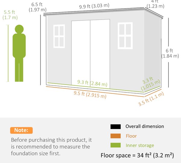 Outsunny Capanno attrezzi 3,2m², Capanno con tetto a falda, 303x123x197cm con finestra Chiudibile a chiave Porta Apertura di ventilazione Pavimento | Aosom Italy