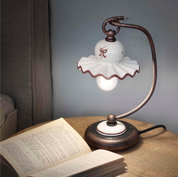 Lampada da comodino Abat jour rustica in metallo decorata a mano ROMA Dimensioni 14x17x n 28,5 cm peso 0,55 kg - Attacco Lampada E14 interno esterno, Bianco Vintage