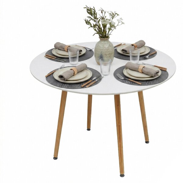 Tavolo da pranzo Relaxdays, rotondo, A x P: 75 x 90 cm, MDF e bambù, per 4 persone, tavolo da pranzo in stile scandinavo, bianco/naturale