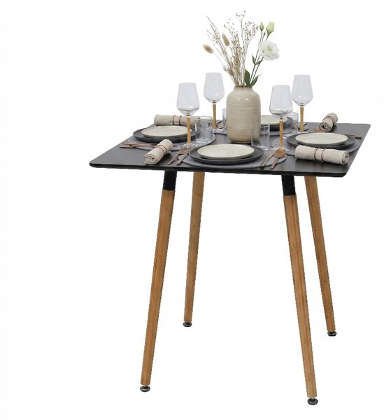 Tavolo da pranzo Relaxdays, quadrato, L x P x A: 75 x 75 x 75 cm, MDF e bambù, 4 persone, tavolo da pranzo in stile scandinavo, nero/naturale