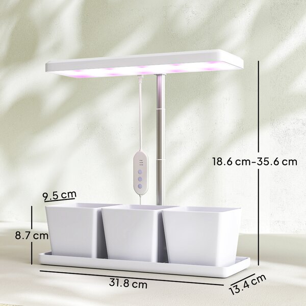 Outsunny Lampade per Pianta da 30 Luci LED con 3 Vasi, Timer e Illuminazione Regolabile, 31.8x13.4x18.6-35.6 cm, Bianco | Aosom Italy