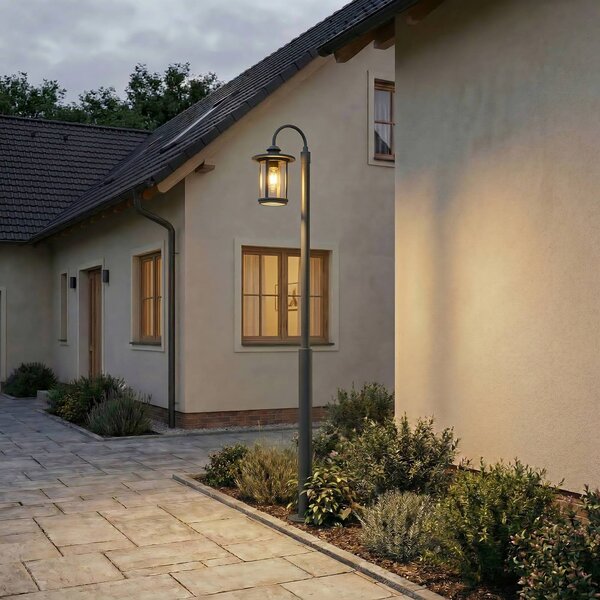Lindby Lampada da esterno Zayn, nera, a 1 braccio, altezza 220 cm, IP65 dimmerabile, Nero, Alluminio, Antico