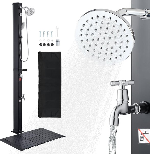 Doccia solare - Doccia da giardino/doccia esterna 40 L - Altezza 229 cm - Acqua calda/fredda - Rubinetto manuale e a pedale - Con set piastra di base - Nero