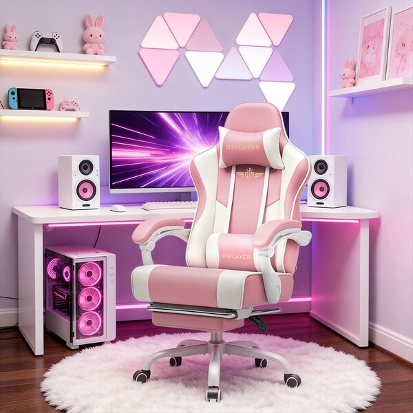 Sedia da gaming GTPLAYER - Sedia da gaming ergonomica con poggiapiedi, poggiatesta e supporto lombare, regolabile in altezza, colore ROSA