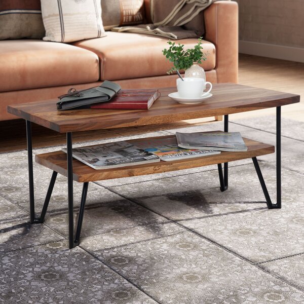 FineBuy tavolino 90x50x40 cm in legno massiccio sheesham / metallo tavolo da divano tavolo rettangolare da salotto tavolino con vano portaoggetti tavolo in legno da salotto