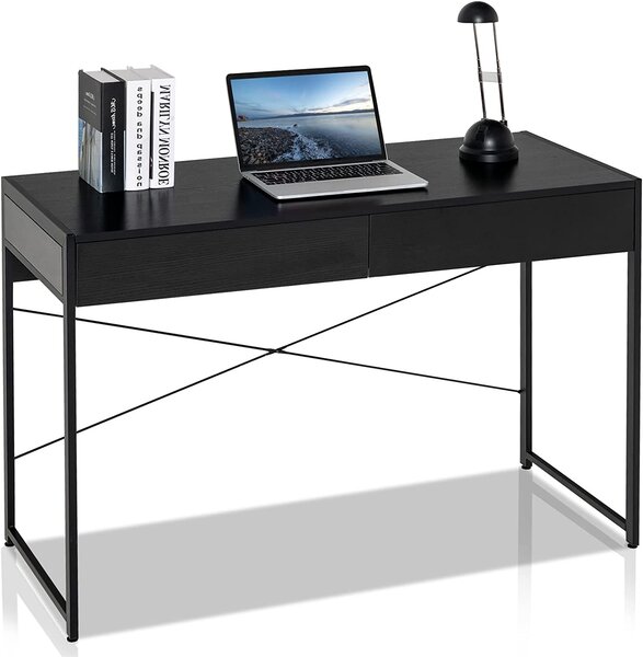 Scrivania da computer GOPLUS con cassetti, scrivania con 2 cassetti e struttura in acciaio, tavolo da lavoro industriale per soggiorno, camera da letto, studio (nero)