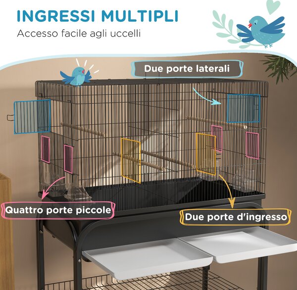 PawHut Gabbia per Uccelli da Interno con Vassoio, Ripiano e Ruote, Voliera in Acciaio per Cocorite, Canarini, Nero | Aosom Italy