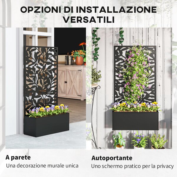 Outsunny Fioriera con Spalliera per Rampicanti in Acciaio, Montaggio a Parete o a Terra, 61x23x113 cm, Nero | Aosom Italy