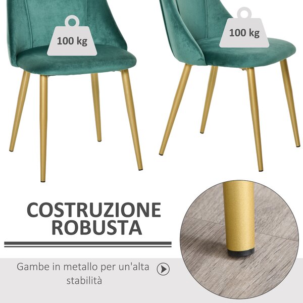 HOMCOM Sedie Moderne e Imbottite da Salotto, Soggiorno, Cucina, Sala da Pranzo, Set 2 Pz, Sedia Imbottita Verde, 50x56.5x85cm|Aosom