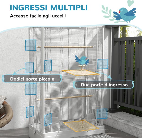 PawHut Gabbia per Uccelli con Vassoio Estraibile e Posatoi, Voliera per Pappagalli, 61x36.5x98 cm, Bianco | Aosom Italy
