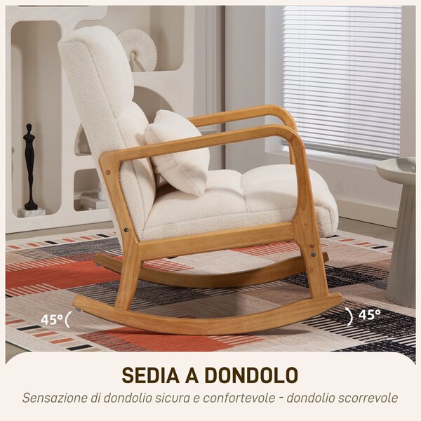 HOMCOM Poltrona a Dondolo 90°-130° con Cuscino Lombare rivestita in Tessuto Sherpa, 64.5x82x89 cm, Bianco e color Legno | Aosom Italy
