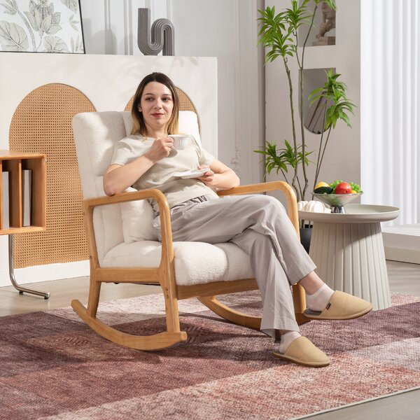 HOMCOM Poltrona a Dondolo 90°-130° con Cuscino Lombare rivestita in Tessuto Sherpa, 64.5x82x89 cm, Bianco e color Legno | Aosom Italy