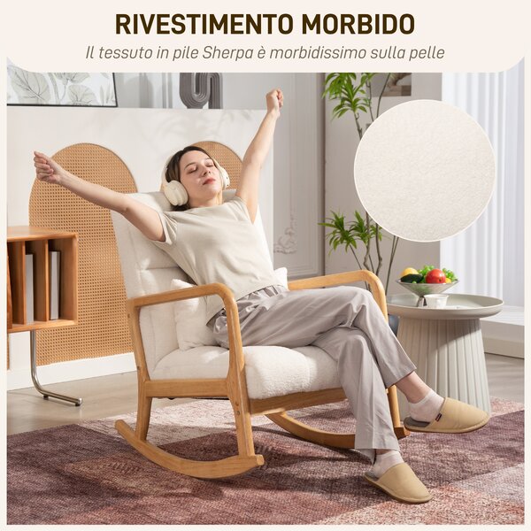 HOMCOM Poltrona a Dondolo 90°-130° con Cuscino Lombare rivestita in Tessuto Sherpa, 64.5x82x89 cm, Bianco e color Legno | Aosom Italy