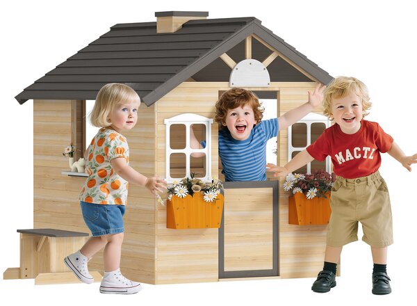 Outsunny Casetta Bimbi 3-7 Anni a 2 Finestre con Portavasi e Panchina, in Legno di Abete e PP, 113Lx94x134.5 cm|Aosom