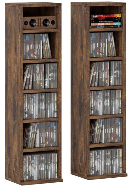 HOMCOM Set 2 Mobili Porta CD a 6 Ripiani Regolabili per 204 CD in Legno, 21x22.5x88.5 cm, Marrone | Aosom Italy