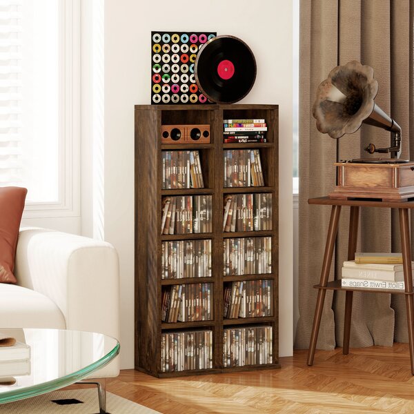 HOMCOM Set 2 Mobili Porta CD a 6 Ripiani Regolabili per 204 CD in Legno, 21x22.5x88.5 cm, Marrone | Aosom Italy