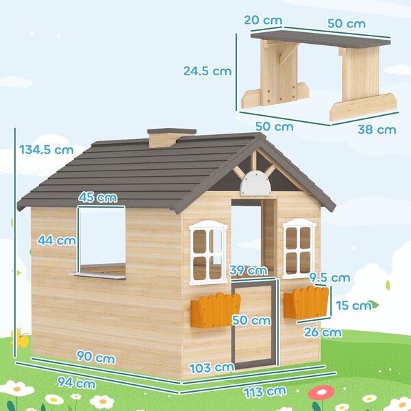 Outsunny Casetta Bimbi 3-7 Anni a 2 Finestre con Portavasi e Panchina, in Legno di Abete e PP, 113Lx94x134.5 cm|Aosom