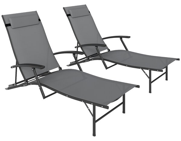 Outsunny Set 2 Sdraio da Giardino Pieghevoli con Schienale Regolabile su 4 Livelli e Cuscino, Grigio