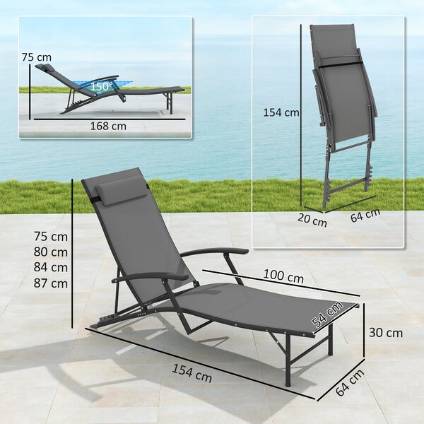 Outsunny Set 2 Sdraio da Giardino Pieghevoli con Schienale Regolabile su 4 Livelli e Cuscino, Grigio