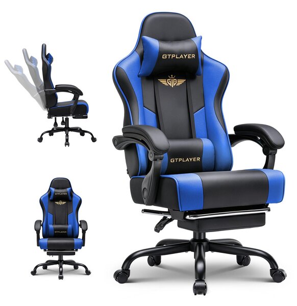 Sedia da gaming GTPLAYER - Sedia da gaming ergonomica con poggiapiedi, poggiatesta e supporto lombare, regolabile in altezza, blu