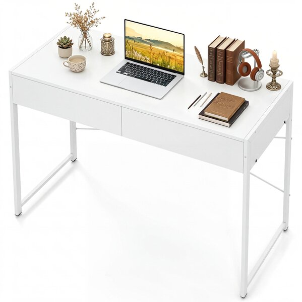 Scrivania da computer KOMFOTTEU con 2 cassetti, scrivania compatta con struttura in metallo resistente, tavolo multifunzionale, ideale come scrivania, tavolo da trucco, tavolino aggiuntivo per camera da letto, ufficio domestico e stanza giochi