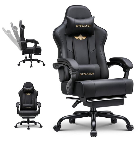 Sedia da gaming GTPLAYER - Sedia da gaming ergonomica con poggiapiedi, poggiatesta e supporto lombare, regolabile in altezza, nera