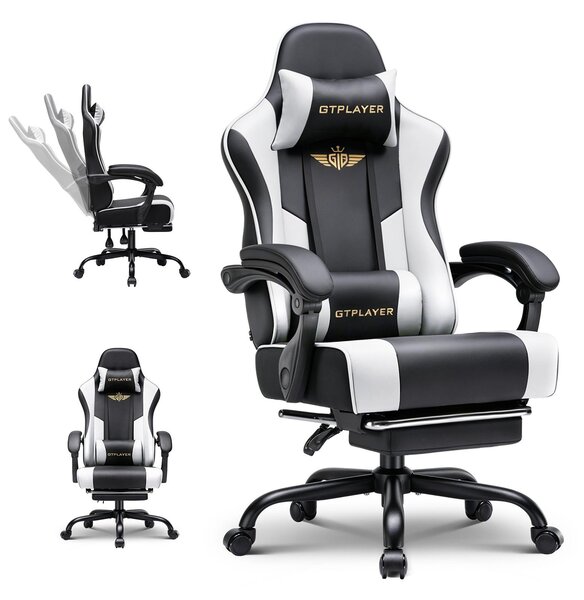 Sedia da gaming GTPLAYER - Sedia da gaming ergonomica con poggiapiedi, poggiatesta e supporto lombare, regolabile in altezza, bianca