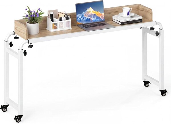 Tavolino laterale con rotelle, regolabile in altezza e lunghezza, per laptop o per la cura personale (colore naturale)