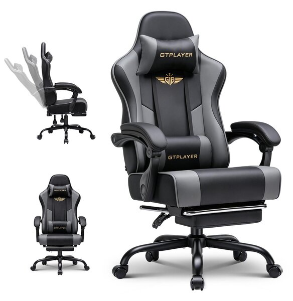 Sedia da gaming GTPLAYER - Sedia da gaming ergonomica con poggiapiedi, poggiatesta e supporto lombare, regolabile in altezza, colore grigio