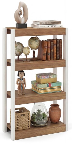 KOMFOTTEU, scaffale a giorno con 3/4 ripiani, libreria angolare con struttura in metallo, scaffale verticale in legno con sistema antiscivolo, ideale per soggiorno o studio (colore naturale, 4 ripiani)