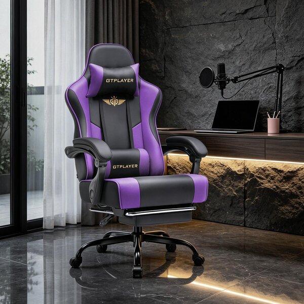 Sedia da gaming GTPLAYER - Sedia da gaming ergonomica con poggiapiedi, poggiatesta e supporto lombare, regolabile in altezza, colore viola