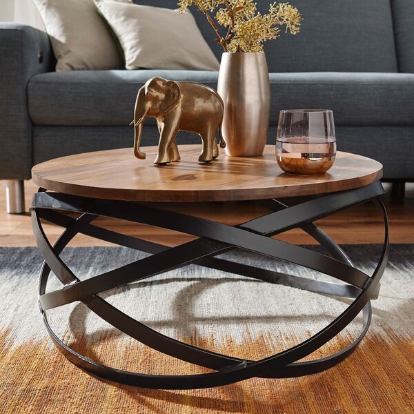 FineBuy tavolino in legno massiccio di sheesham rotondo Ø 60 cm 30 cm di altezza - tavolo da salotto con struttura in metallo | tavolo di design in stile industriale | fatto a mano