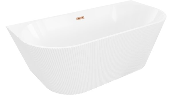 Mexen Oris vasca da bagno freestanding adiacente alla parete, scanalata 150 x 75 cm, bianca, troppopieno in rame spazzolato