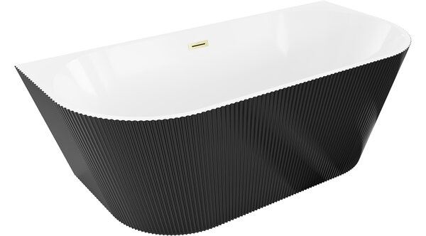 Mexen Oris vasca da bagno freestanding accostata ondulata 170 x 80 cm, bianca/nera, troppopieno oro spazzolato - 52871708075-55