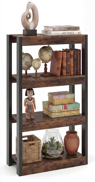 Scaffale KOMFOTTEU a 3/4 ripiani, libreria angolare con struttura in metallo, scaffale verticale in legno, con sistema antiscivolo, ideale per soggiorno o studio (marrone, 4 ripiani)