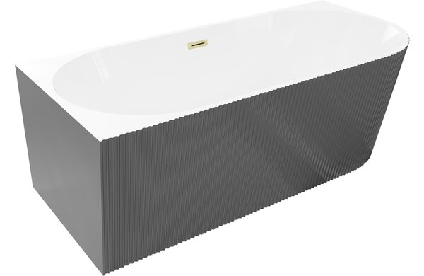 Mexen Silo vasca da bagno freestanding angolare sinistra rigata 150 x 75 cm, bianca/grigia, troppopieno dorato spazzolato